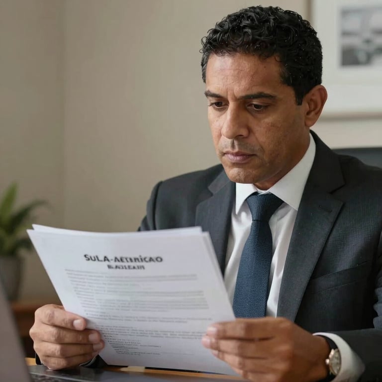 A professional Sul-americano / Brasileiro legal expert reviewing complex labor contracts with a focused expression.