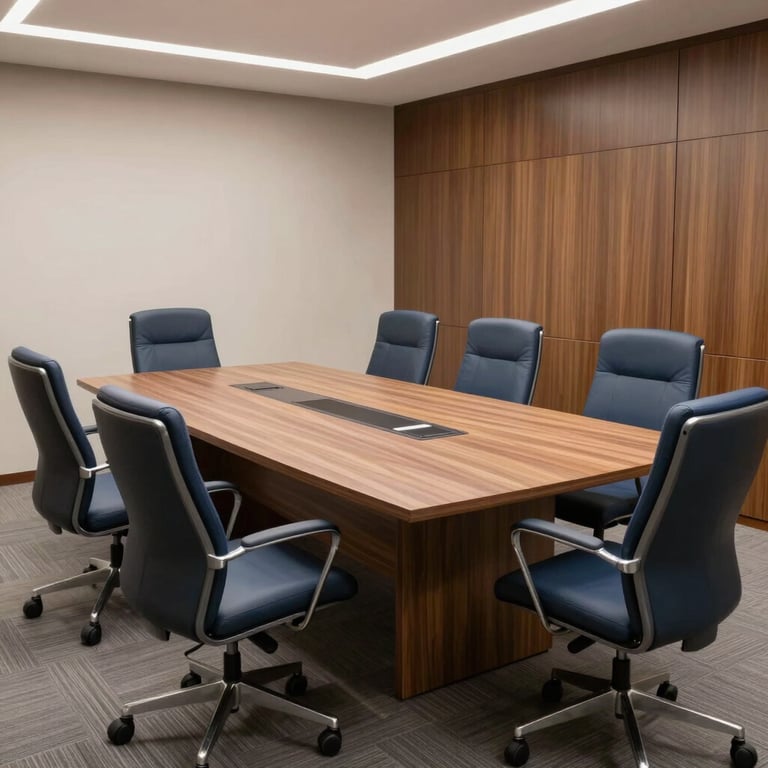 Interior of a well-organized Brazilian law firm meeting room with a large table and ergonomic chairs in Grey and Navy Blue tones.