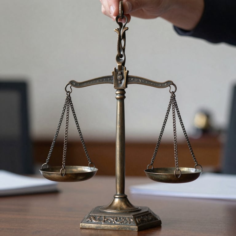 Detailed macro shot of the Scales of Justice in bronze, symbolizing balance and law, set against a blurred office background.