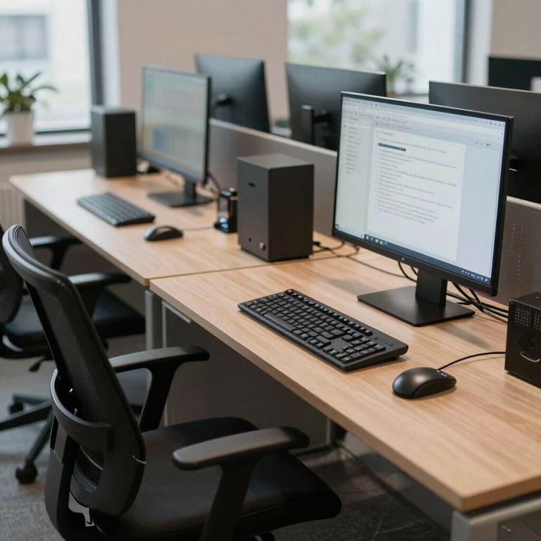 A modern European office workspace with ergonomic furniture and advanced computer peripherals.