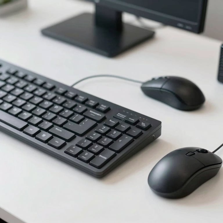 Detail of a clean, branded keyboard and mouse on a white desk in a bright French corporate office.