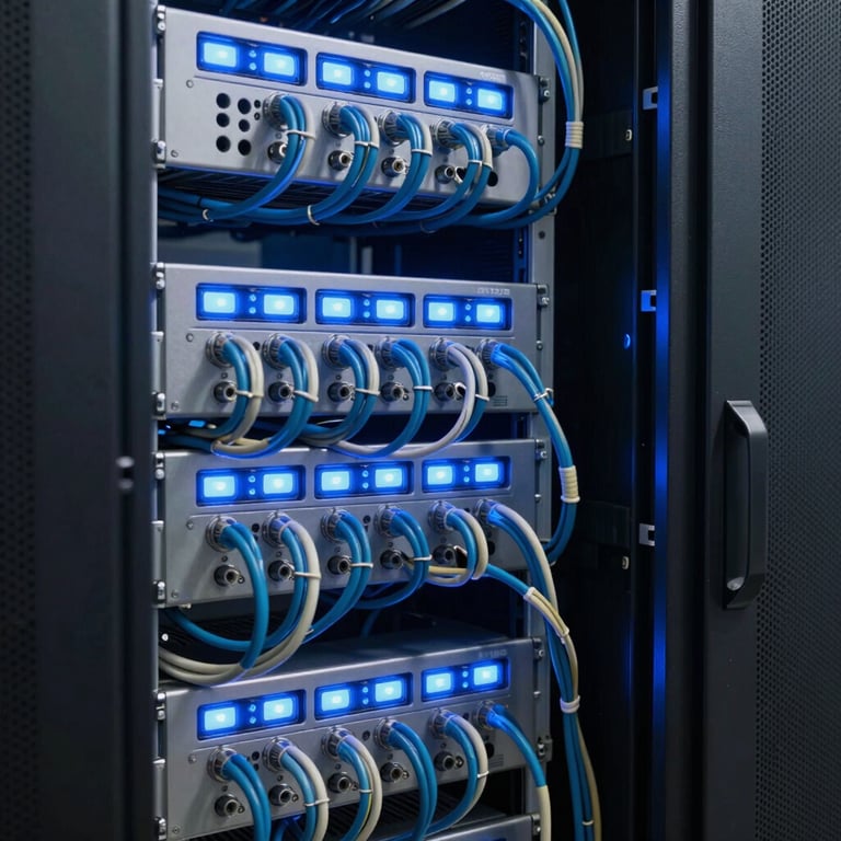 A tidy server room with glowing blue lights and neatly organized cables, symbolizing reliable IT infrastructure.