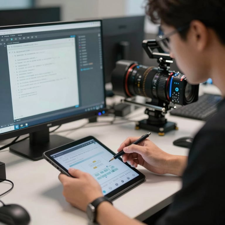 A high-quality photography of a professional technician performing a remote desktop session on a tablet.
