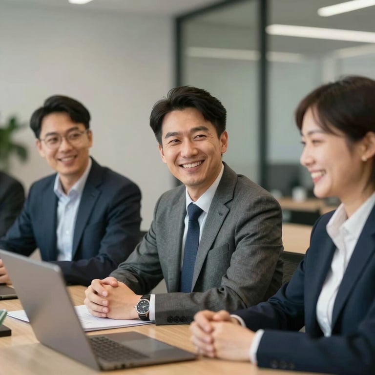 Team of support experts in professional attire smiling in a collaborative meeting space.