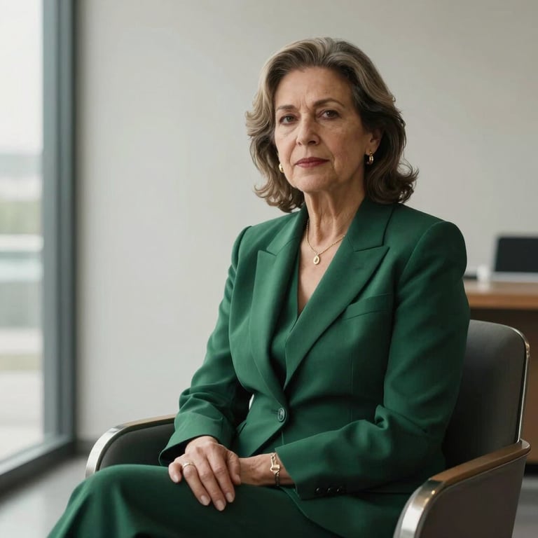 Sober environmental portrait of a senior female partner in a tailored dark green blazer, sitting in a minimalist corporate space in San Pedro Garza García, soft natural lighting.