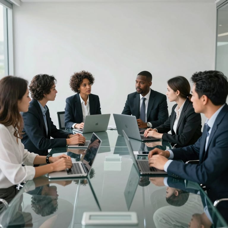 A team of diverse professionals in a high-tech North American / US meeting room, discussing digital strategy over clean, sophisticated glass tables.