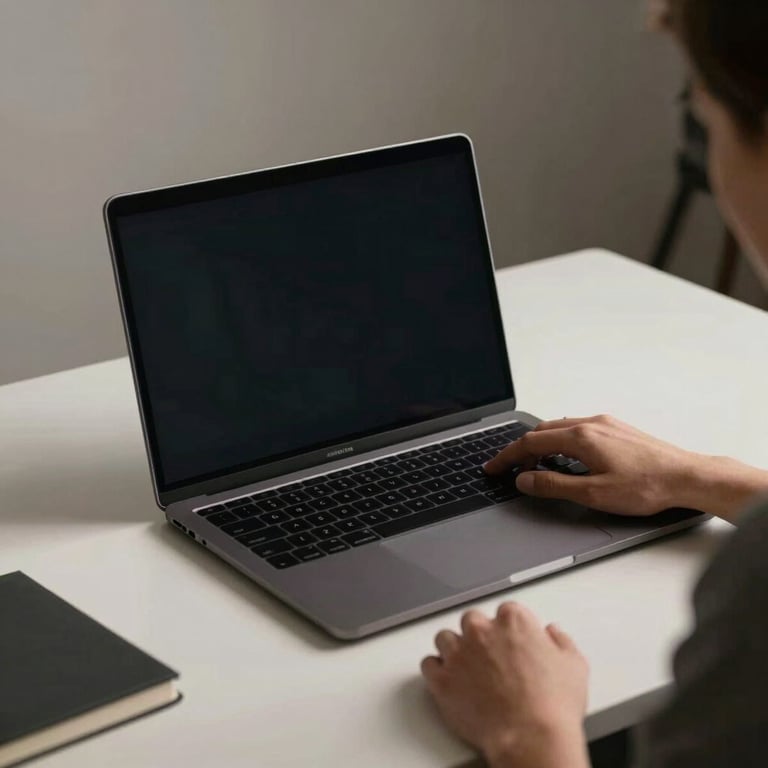 A professional working at a minimalist desk in a North American / US tech hub, with a sleek dark navy laptop and soft ambient lighting.