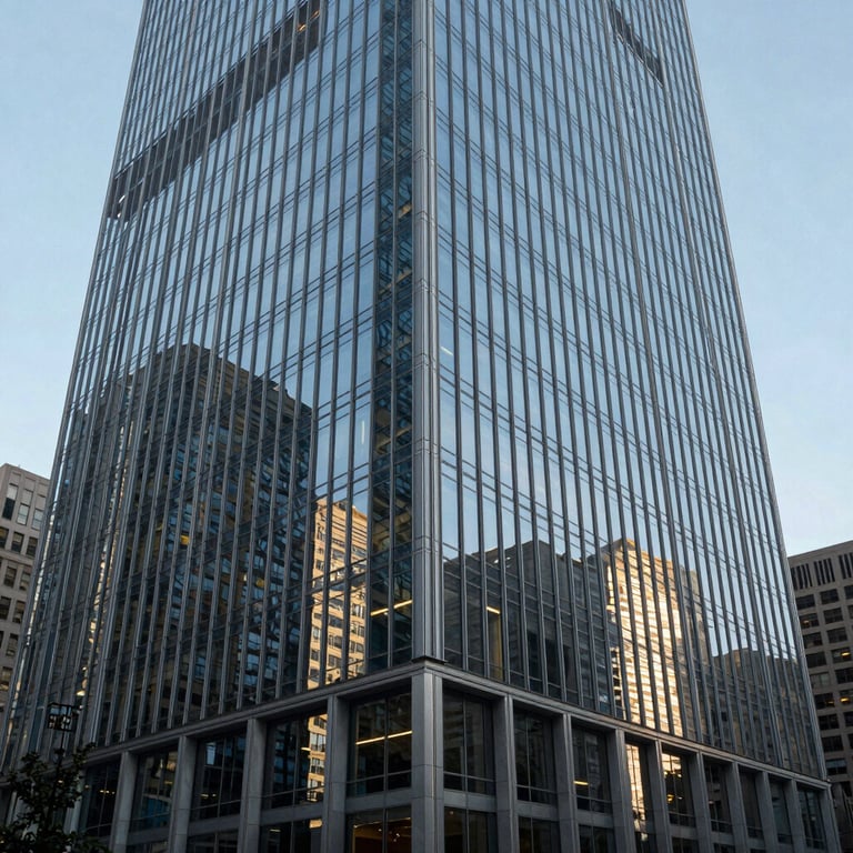 The exterior of a modern glass skyscraper in a major North American / US city, reflecting the pale blue sky and urban sophistication.
