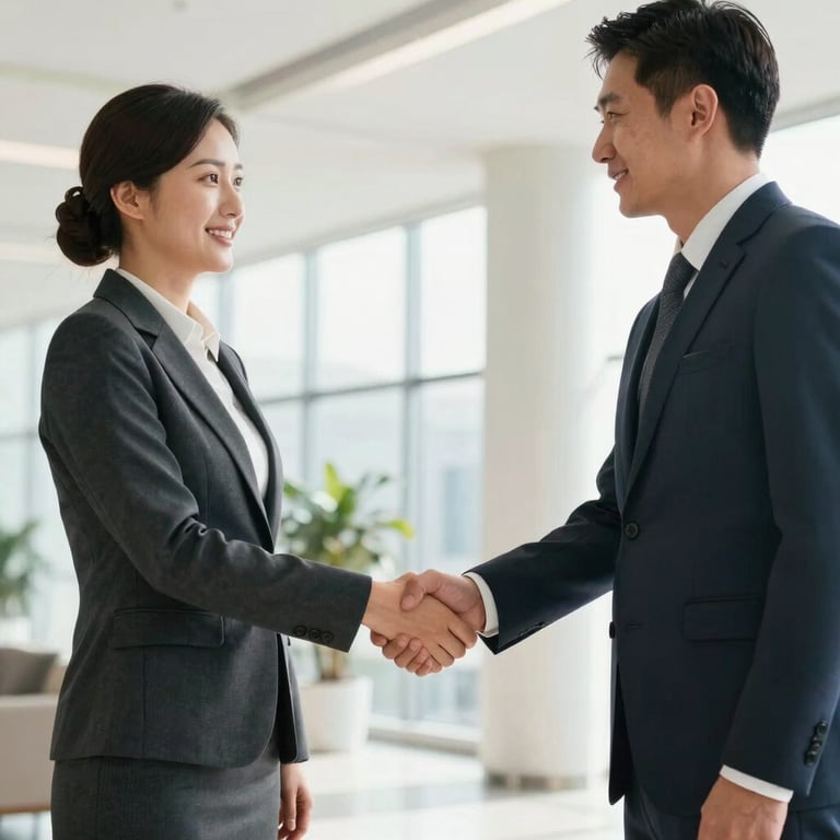 Two professionals in professional attire engaged in a handshake in a bright, modern North American / US lobby, evoking trust and reliability.