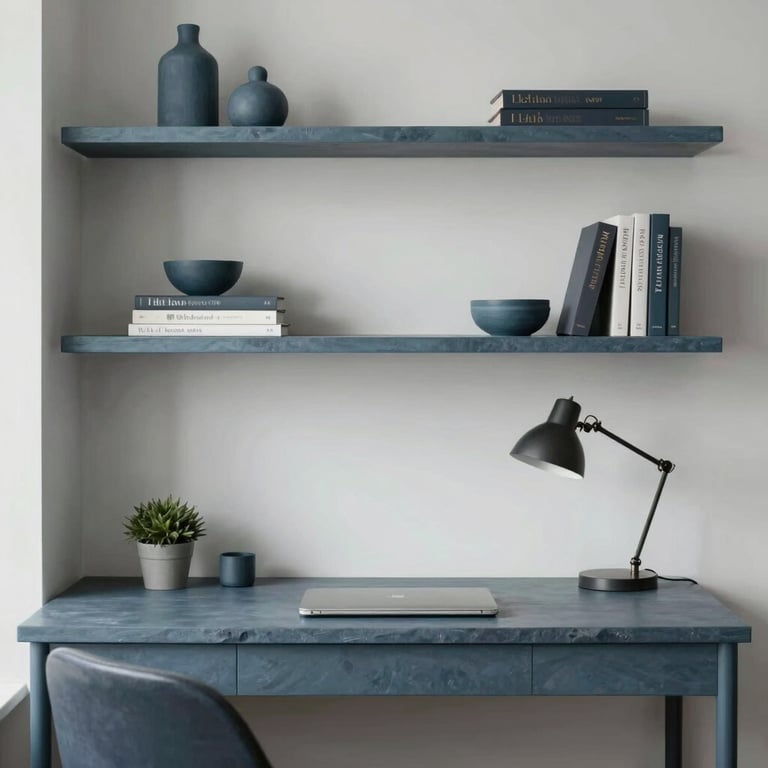 A minimalist home office setup in a North American / US apartment featuring clean lines and slate blue decorative elements on the shelves.