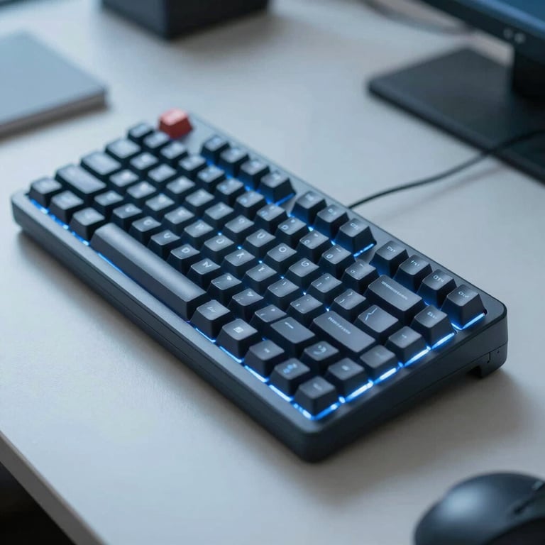Close-up photography of a mechanical keyboard on a tidy desk with a soft sky blue glow reflecting off the keys in a North American / US office.