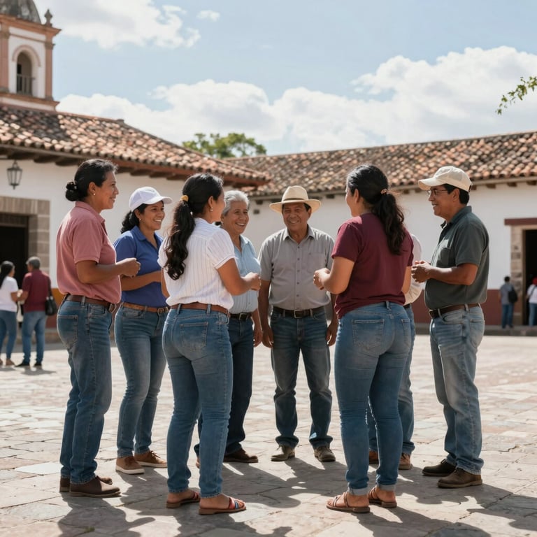 A group of neighbors in a Latin American / Spanish town square sharing a moment of joy and collective satisfaction under a bright sun.