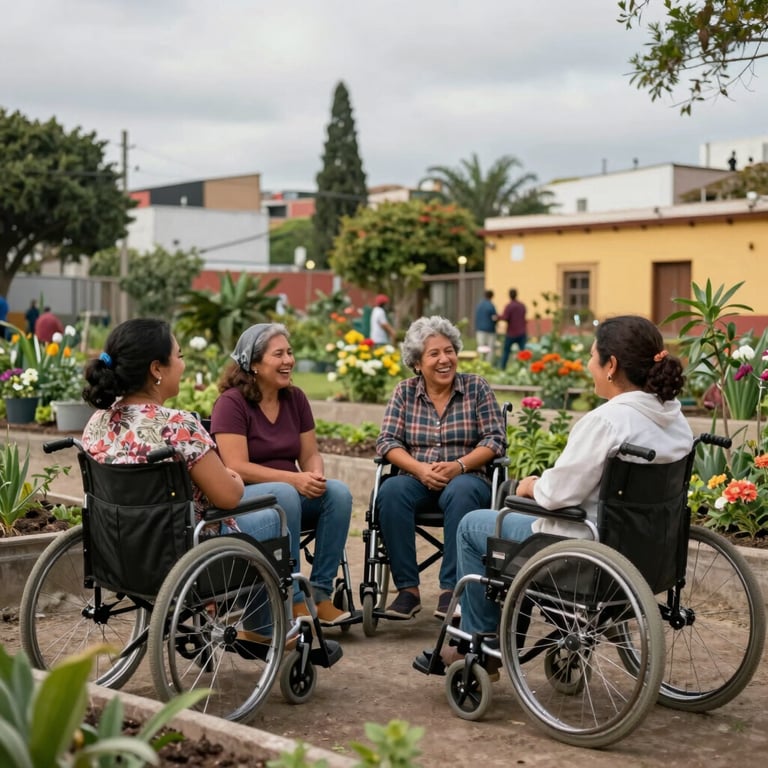 A wheelchair-accessible community garden in a vibrant Latin American / Spanish city where a group of people are laughing together.