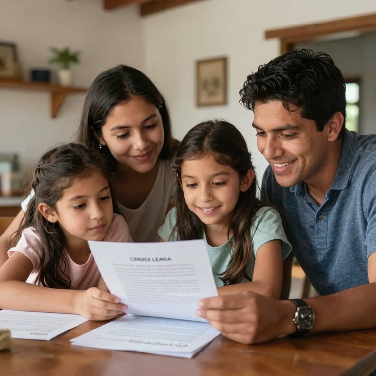 A family in a cozy Latin American / Spanish home feeling relieved and happy while looking at legal papers together on a table.