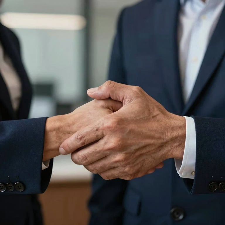 A close-up of hands shaking in a gesture of agreement and deep trust within a professional Latin American / Spanish office with dark navy blue details.