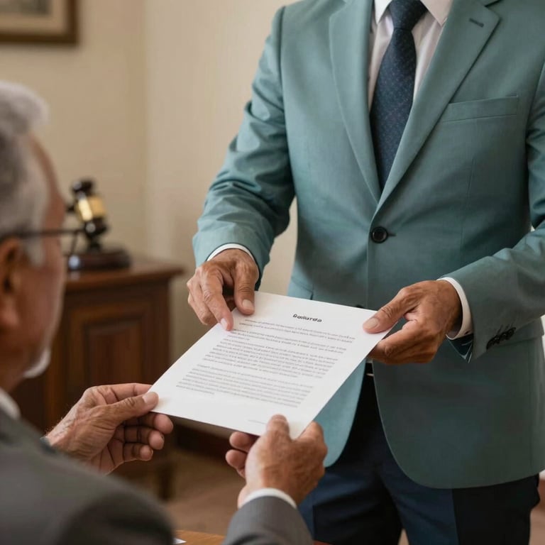 A legal professional in a muted teal suit handing a signed document to an elderly person in a warm Latin American / Spanish indoor setting.
