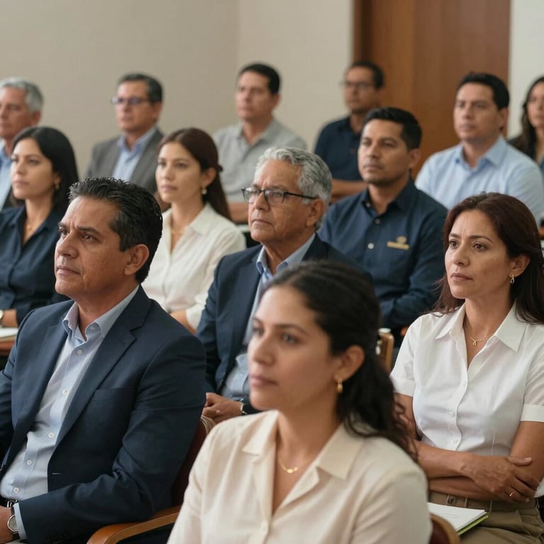 A diverse group of adults in a Latin American / Spanish legal workshop, looking empowered, hopeful, and engaged.