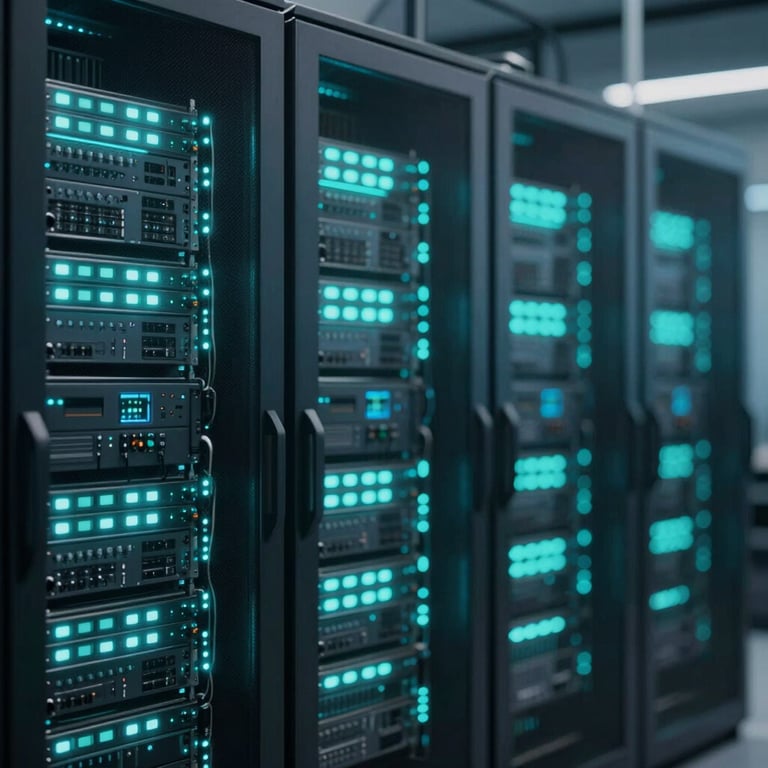High-tech server racks glowing with #5082A7 light, representing high-frequency trading infrastructure.