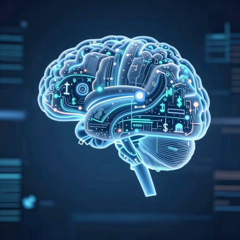 A sophisticated AI brain silhouette filled with flowing data streams and financial symbols, modern and clean style.