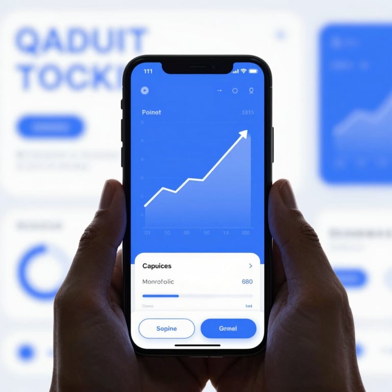 A mobile phone displaying a sleek investment dashboard with upward-trending charts in brand blue tones.