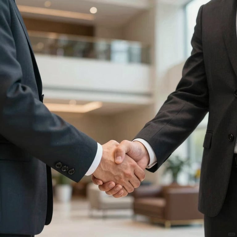A firm handshake between two business professionals in tailored suits in a high-end lobby.