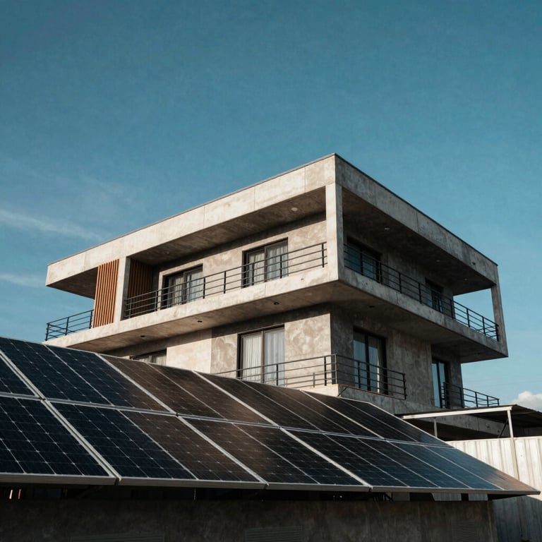 Sustainable modern building in Colombia with solar panels and clear blue sky background.