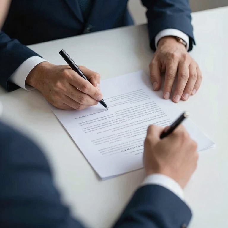 Professional hands signing legal documents on a clean white desk, dark blue and light blue palette.