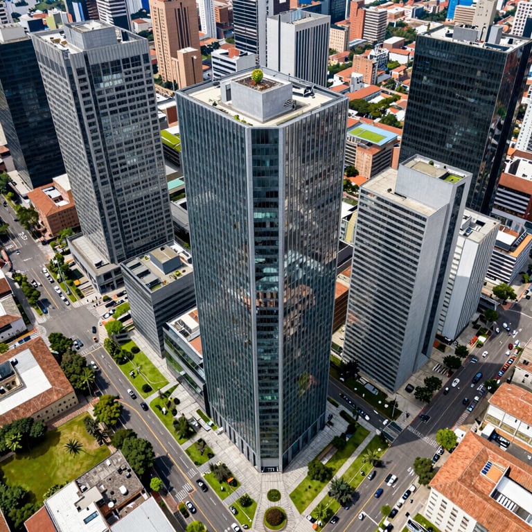 Aerial view of a modern business district in Bogota with green spaces and sleek architecture.