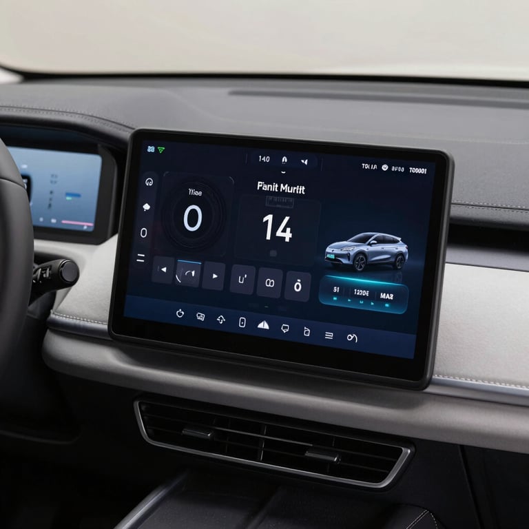 Detail of a luxury electric vehicle dashboard with futuristic interface and clean design.