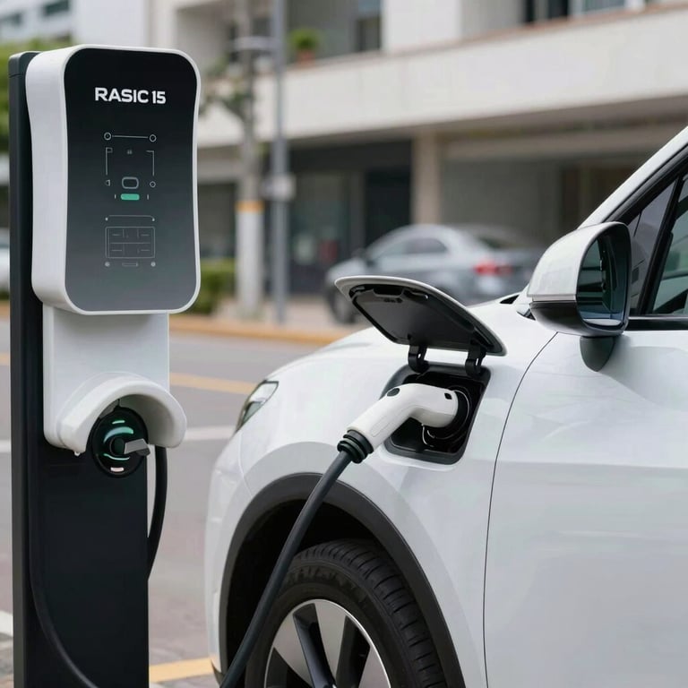 A close-up of a modern electric car being plugged into a charging station in a bright Colombian urban setting.