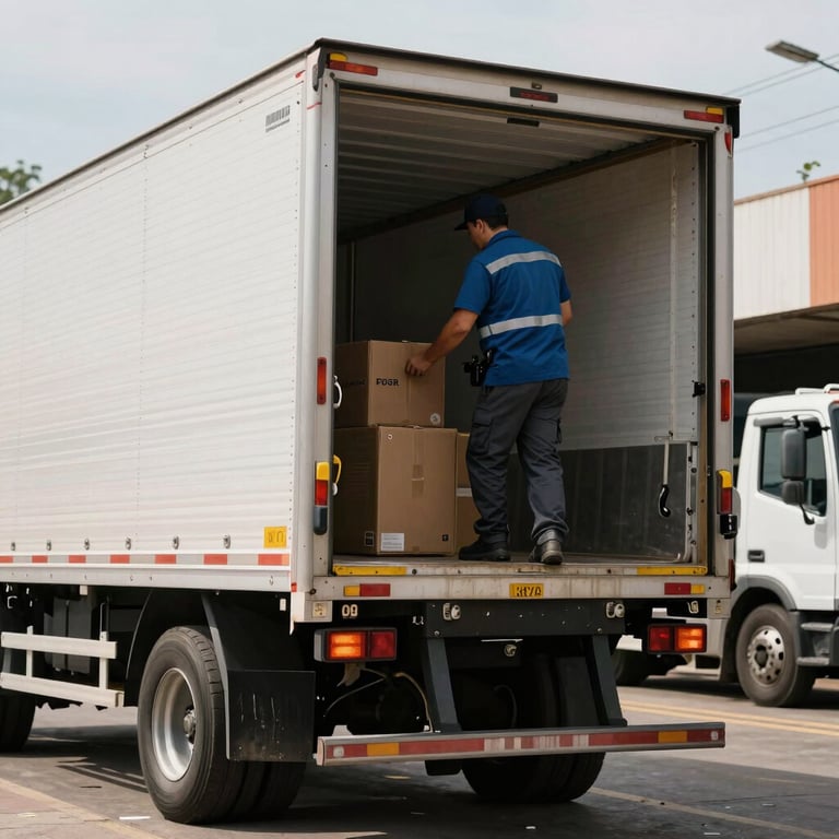 Photography of the back of a delivery truck being professionally unloaded at a commercial zone in Brazil, focused on efficiency.