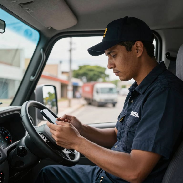 Professional photography of a driver in a dark navy uniform checking a delivery route on a mobile device inside a truck cab, Brazilian urban background.