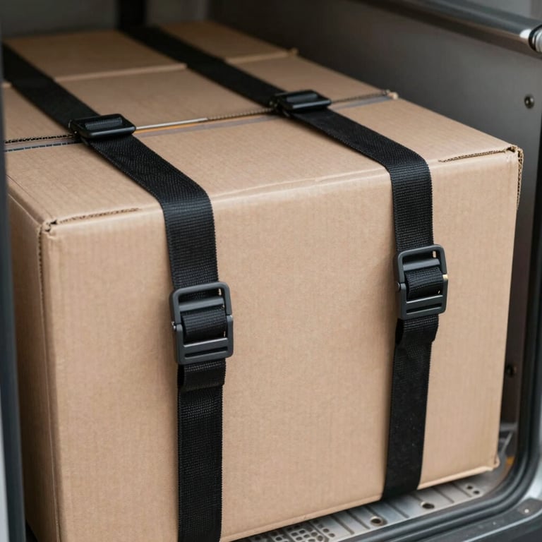 Close-up photography of secure loading straps over boxes in a clean truck, emphasizing safety and professionalism, South American setting.