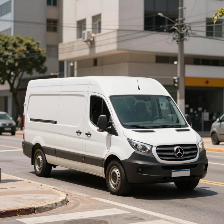 Photography of a modern white van for urban deliveries stopped at a clean Brazilian intersection, bright off-white sunlight.