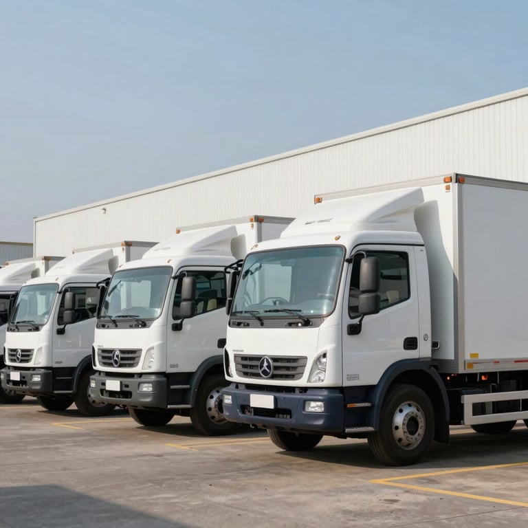Photography of a South American logistics facility exterior with several clean white trucks parked in a row, dark navy accents, clear day.
