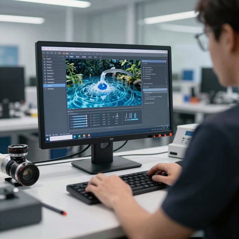 A professional engineering workshop showing specialized water management software on a computer screen in a clean, modern office.
