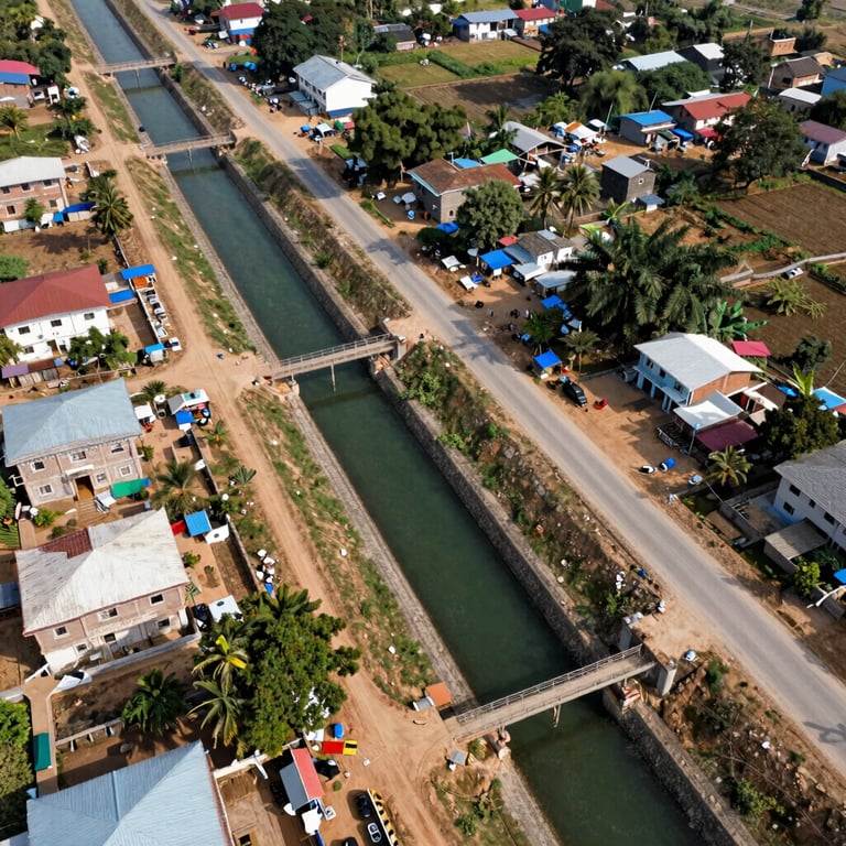 An aerial view of a rural infrastructure project including a small-scale irrigation canal and paved village road in South Asia.