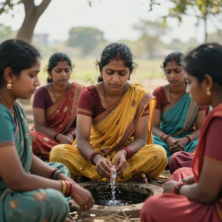 A group of South Asian women participating in a Self Help Group meeting outdoors, focusing on local water harvesting management.