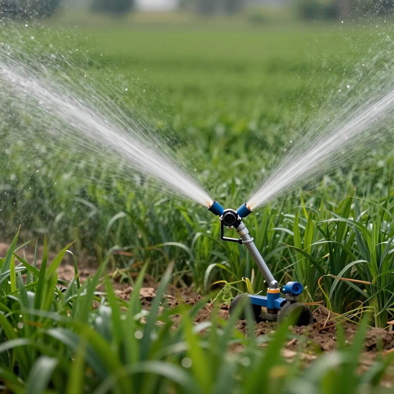 Close-up of a high-efficiency sprinkler system watering a lush Indian field, reflecting modern agricultural innovation.