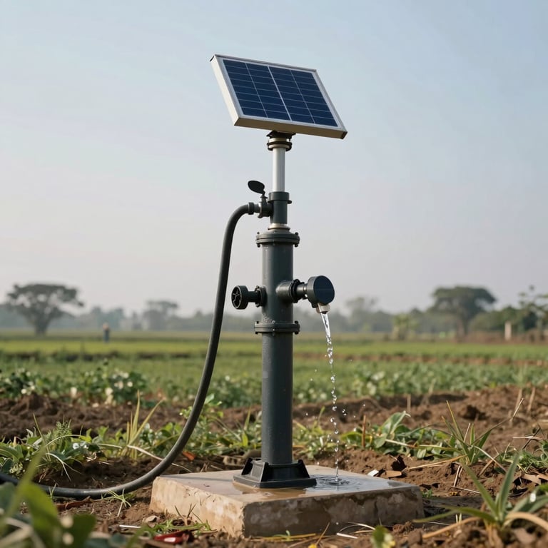 A low-angle shot of a solar-powered water pump installation in a rural South Asian farm, symbolizing green energy and sustainable water access.