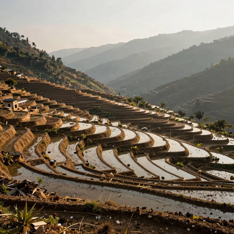 A wide shot of a terraced watershed project in a South Asian valley under a soft morning sun, showcasing sustainable land management.