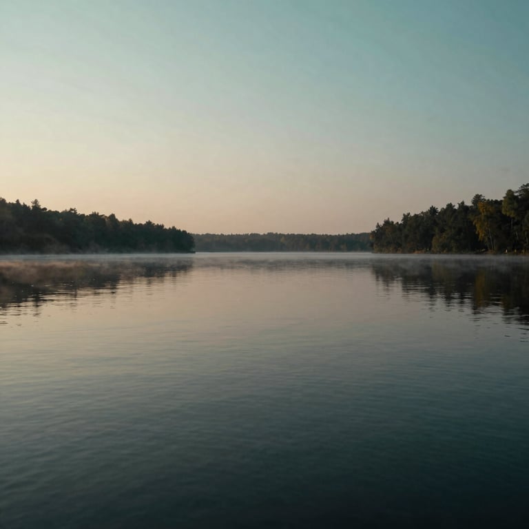 A tranquil North American landscape showing a calm lake at sunrise with muted teal and soft charcoal reflections in the water.