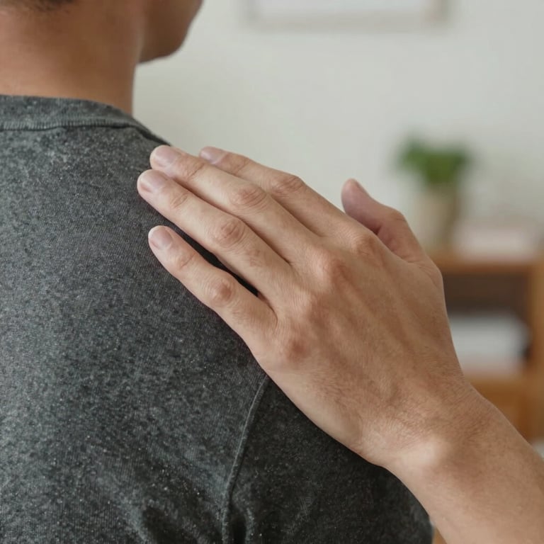 Close-up of a reassuring hand on a shoulder, soft indoor lighting, expressing empathy and human connection in a North American home.