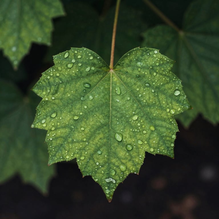 A single green leaf with dew drops catching the morning light, macro photography, symbolizing renewal and hope in a garden.