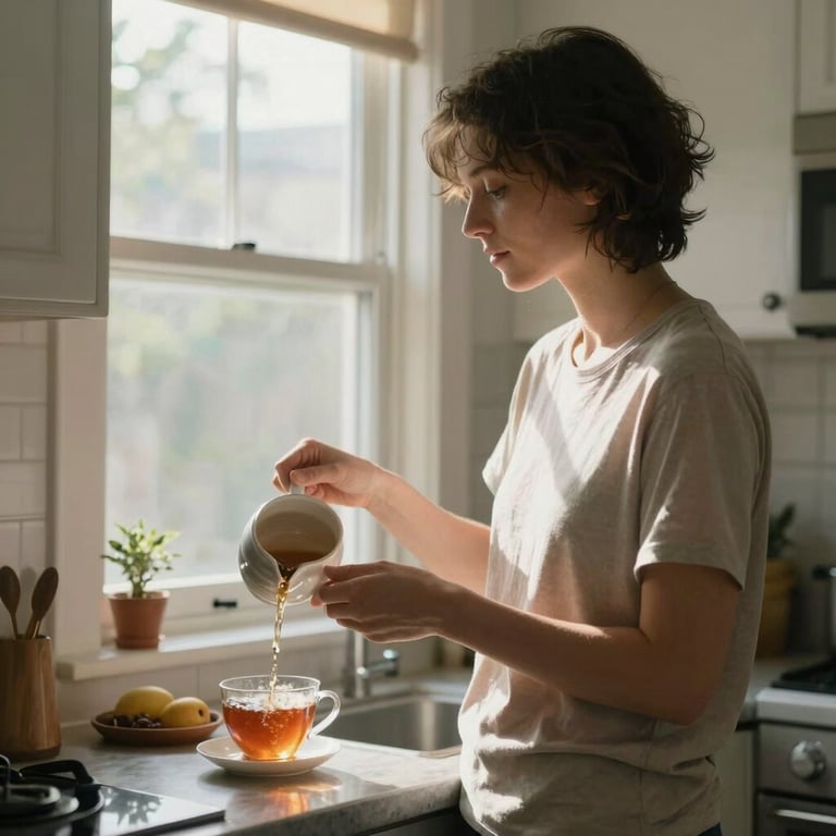 A person standing in a sunlit kitchen in North America, pouring a cup of tea, looking out the window with a look of quiet peace and resilience.