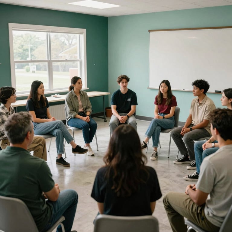 A group of people sitting in a supportive circle in a bright community room in the North American suburbs, natural light, dark green and light teal accents.