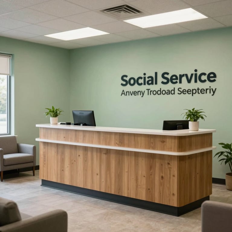 A warm and inviting reception area of a social service agency in North America, featuring clean lines, modern furniture, and soft green walls.