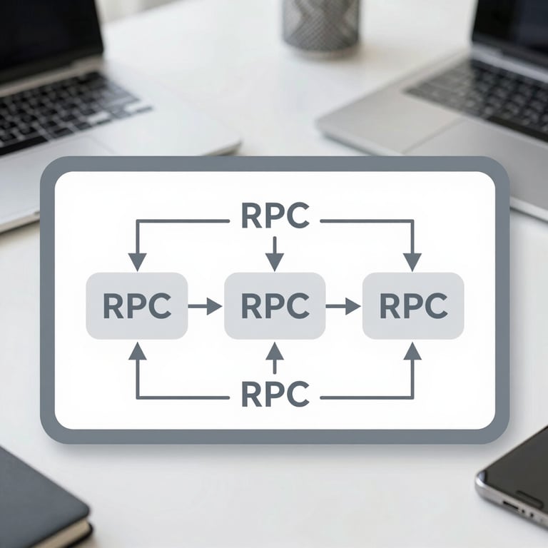 A crisp vector-style system architecture diagram showing three replicated nodes communicating via RPC lines, clean white background, technical gray borders