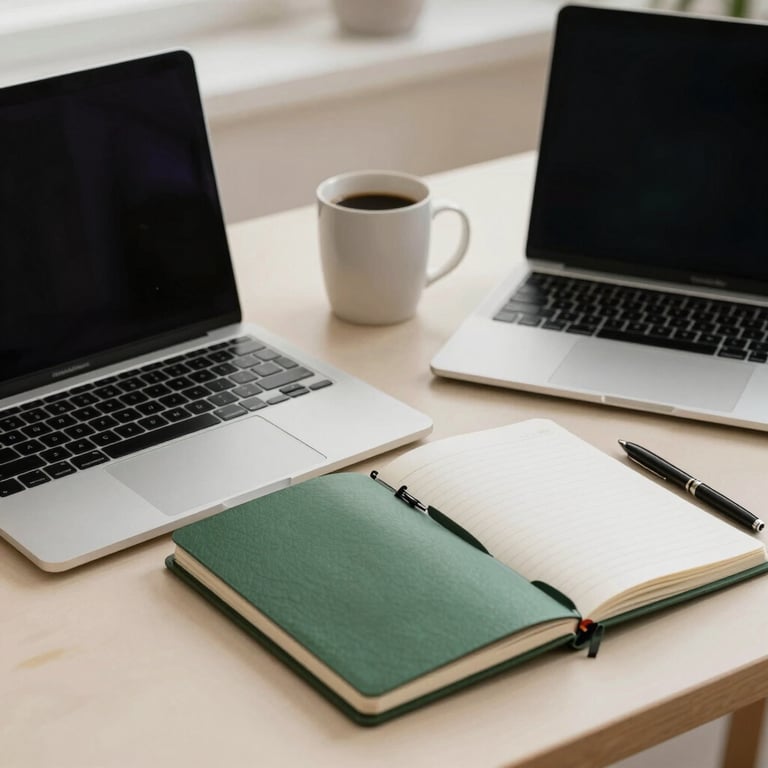 Vista cenital de un escritorio beige con una laptop, café y libretas de planificación en verde bosque mate, ambiente de agencia creativa.