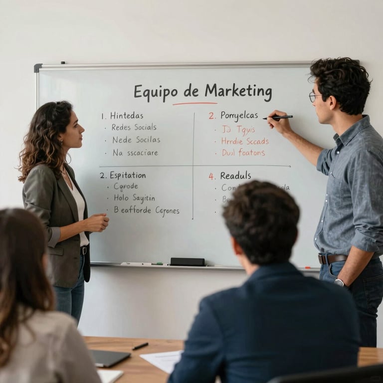 Equipo de marketing colaborando frente a un pizarrón con estrategias de redes sociales, ambiente profesional y dinámico en México.